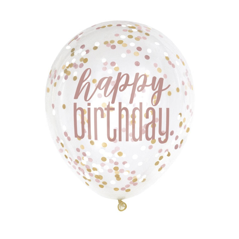 6ct Glitz Rose Gold "Happy Birthday" Clear 12" Latex Balloons with Confetti  6ct
