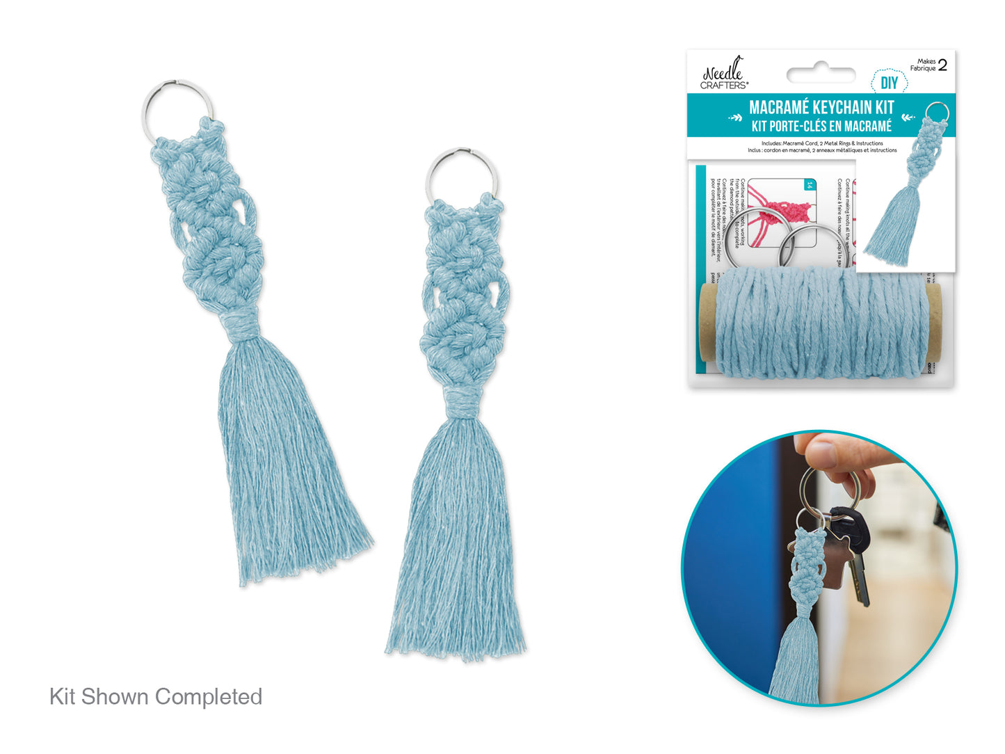 Needlecrafters: DIY Macramé Keychain Kit w/Key Ring~ Makes 2 D) Blue