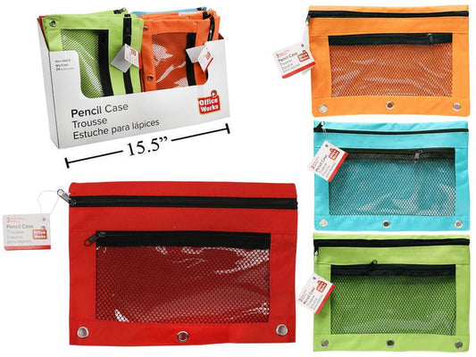 O.WKs. Mesh 3-Hole Pencil Cases, 24.dsp/Bu/Rd/Og/Gn