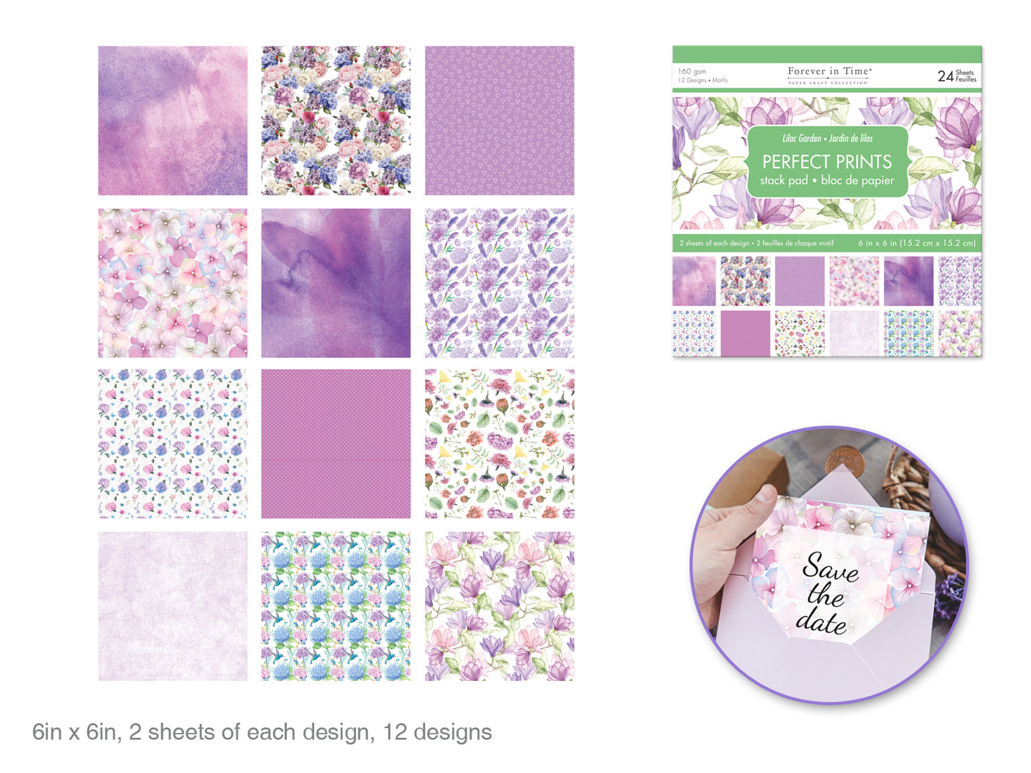 Paper Pads: 6"x6" Perfect Prints Stack Packs x24 Assorted Q) Lilac Garden