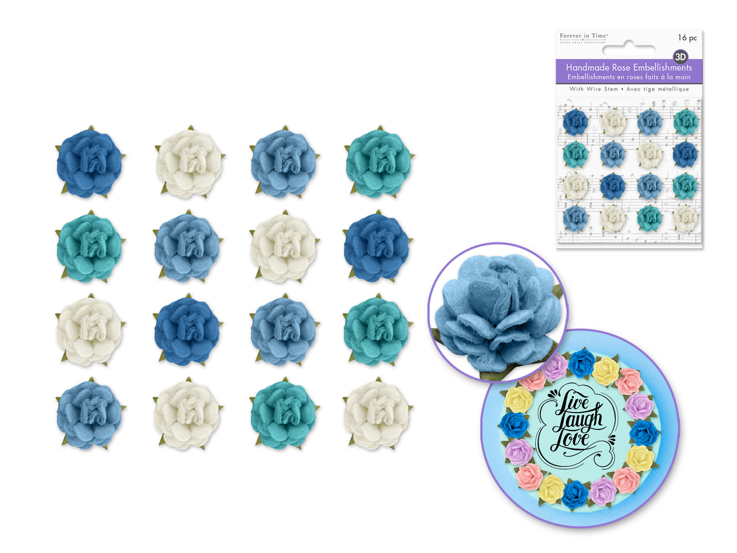 Floral Embellish: 1.5cm 3D Handmade Paper Micro Roses 16pc w/Stem Asst B) Sky