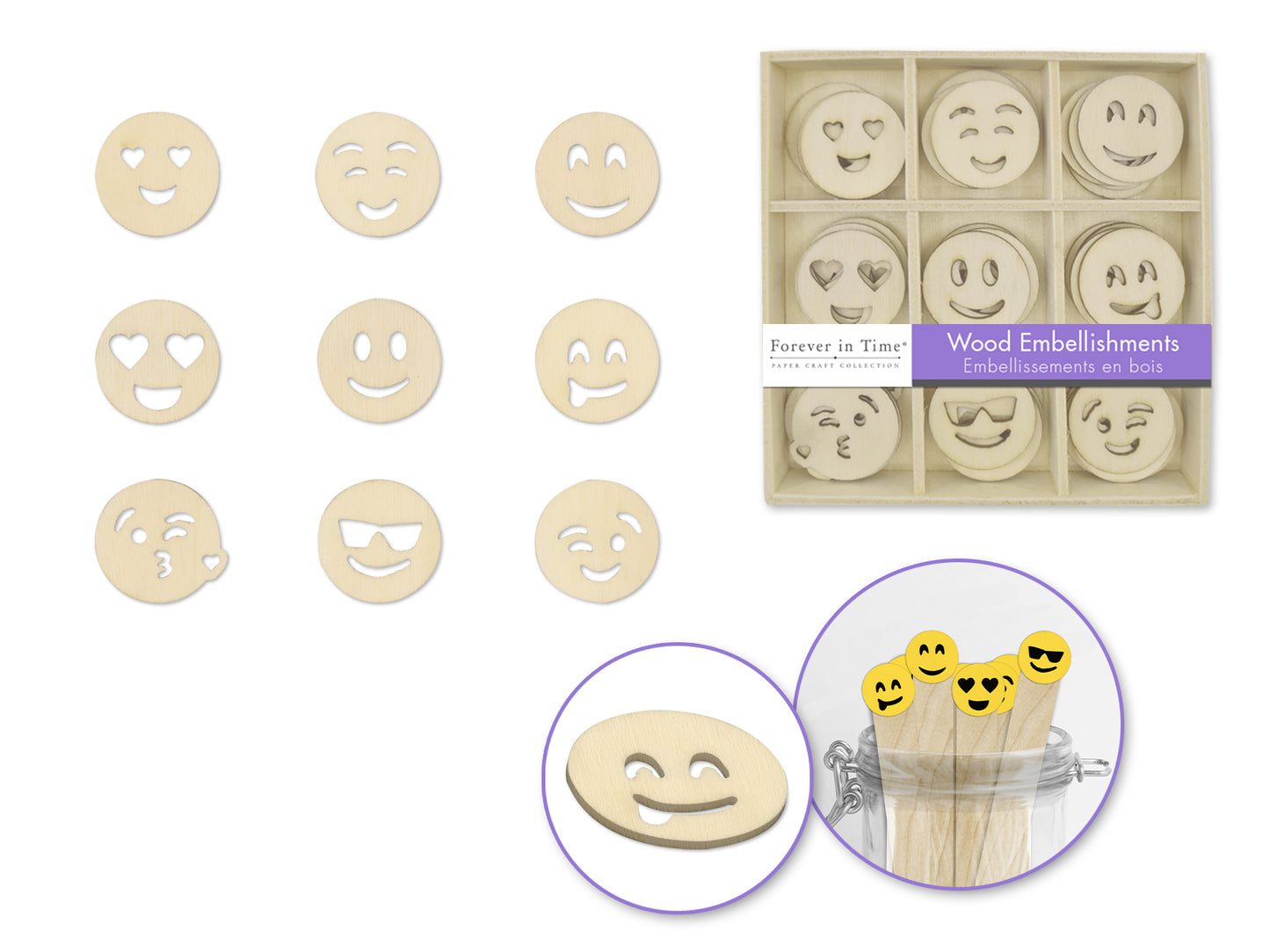 Paper Craft Emb: 45pc Mini Wood Emb in 9-Comp Box D) Emoticons