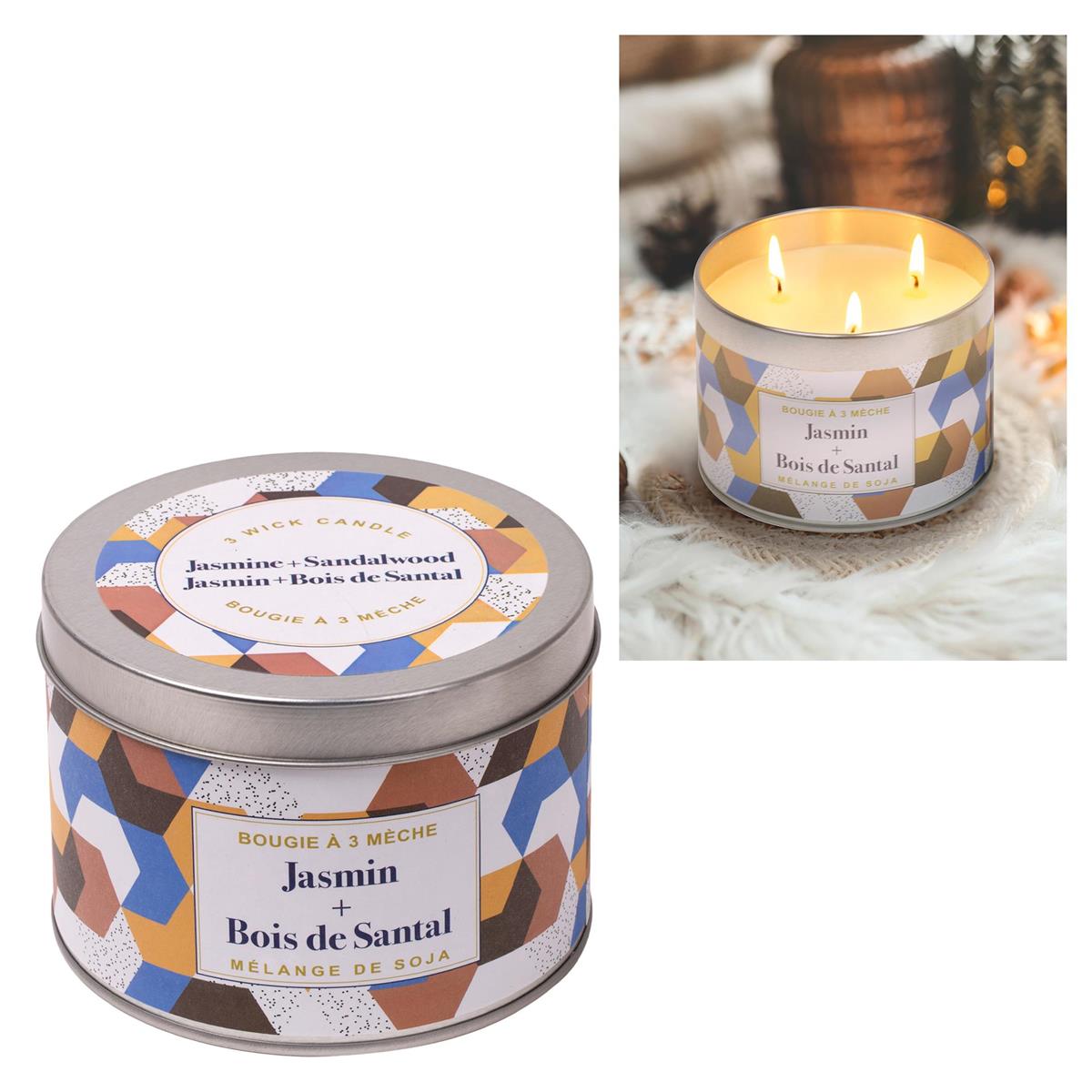 KG 3-Wick Tin Jasmin&Sandalwood Paraffin/Soy Blend Candle (Az)