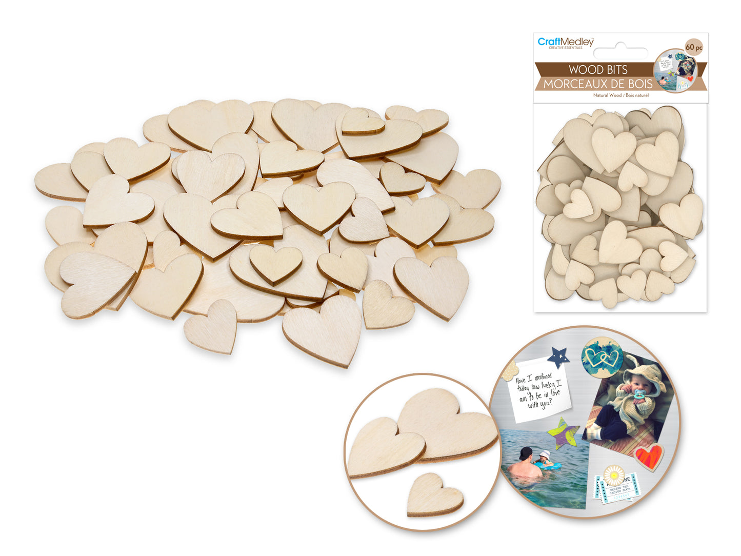 Craftwood: Wood Bits 60pc 1.7mm(T) Asst 3stl 4*4/3*3/2*2cm B) Hearts