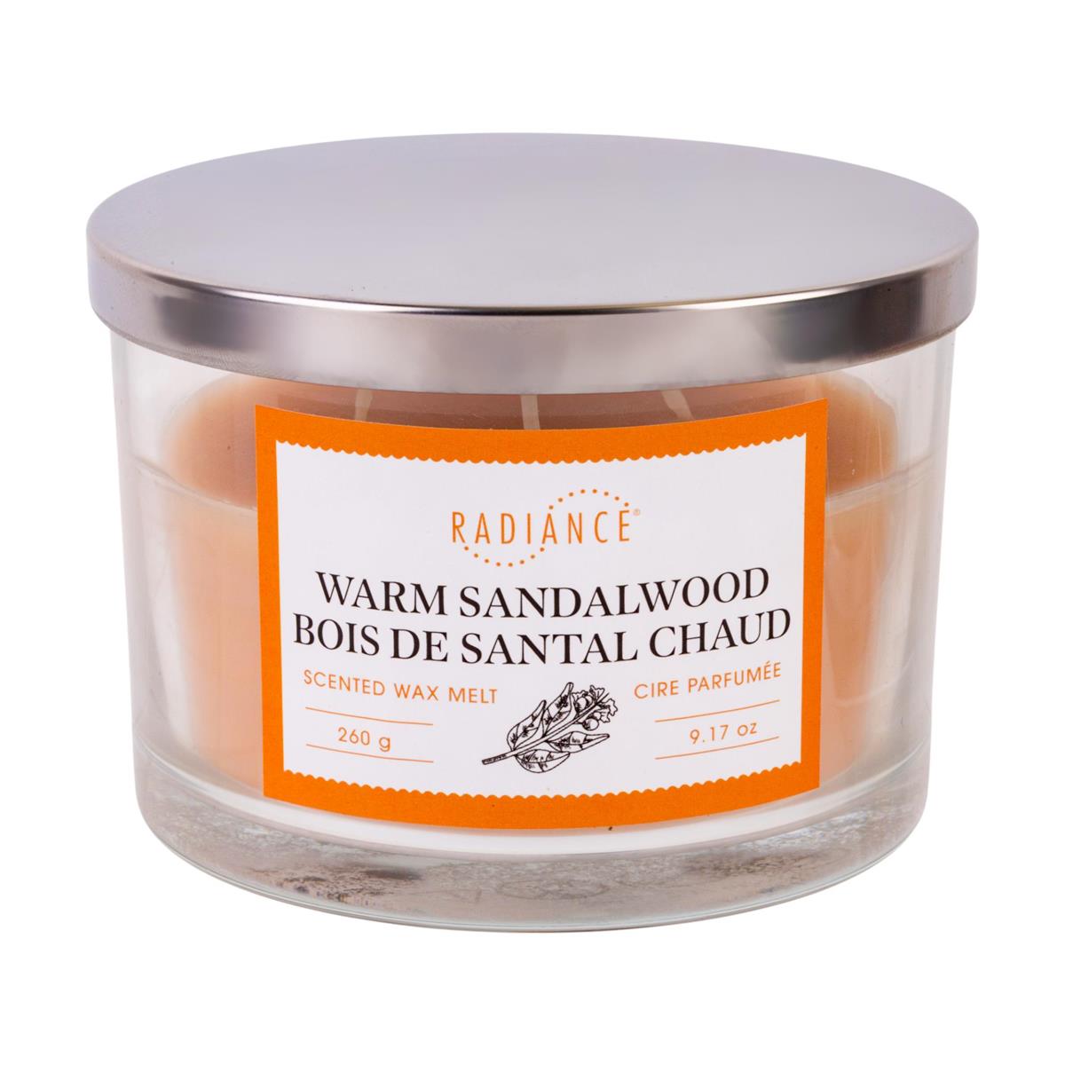 9.5oz Glass Jar Scented Candle, 3-wick w/Lid, Warm Sandalwood