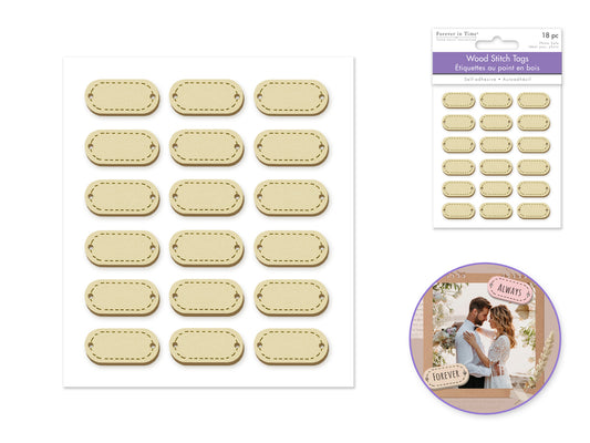 Paper Craft Sticker: 0.9"x0.4" 3D Wood Stitch Tags 18pc B) Natural