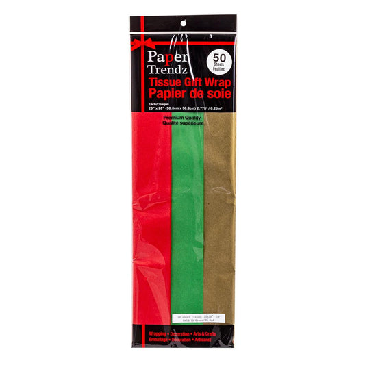 Paper T. Xmas 50-Sheet Tissue, 20x20" 10Gold/15Grn/25Red, polybag