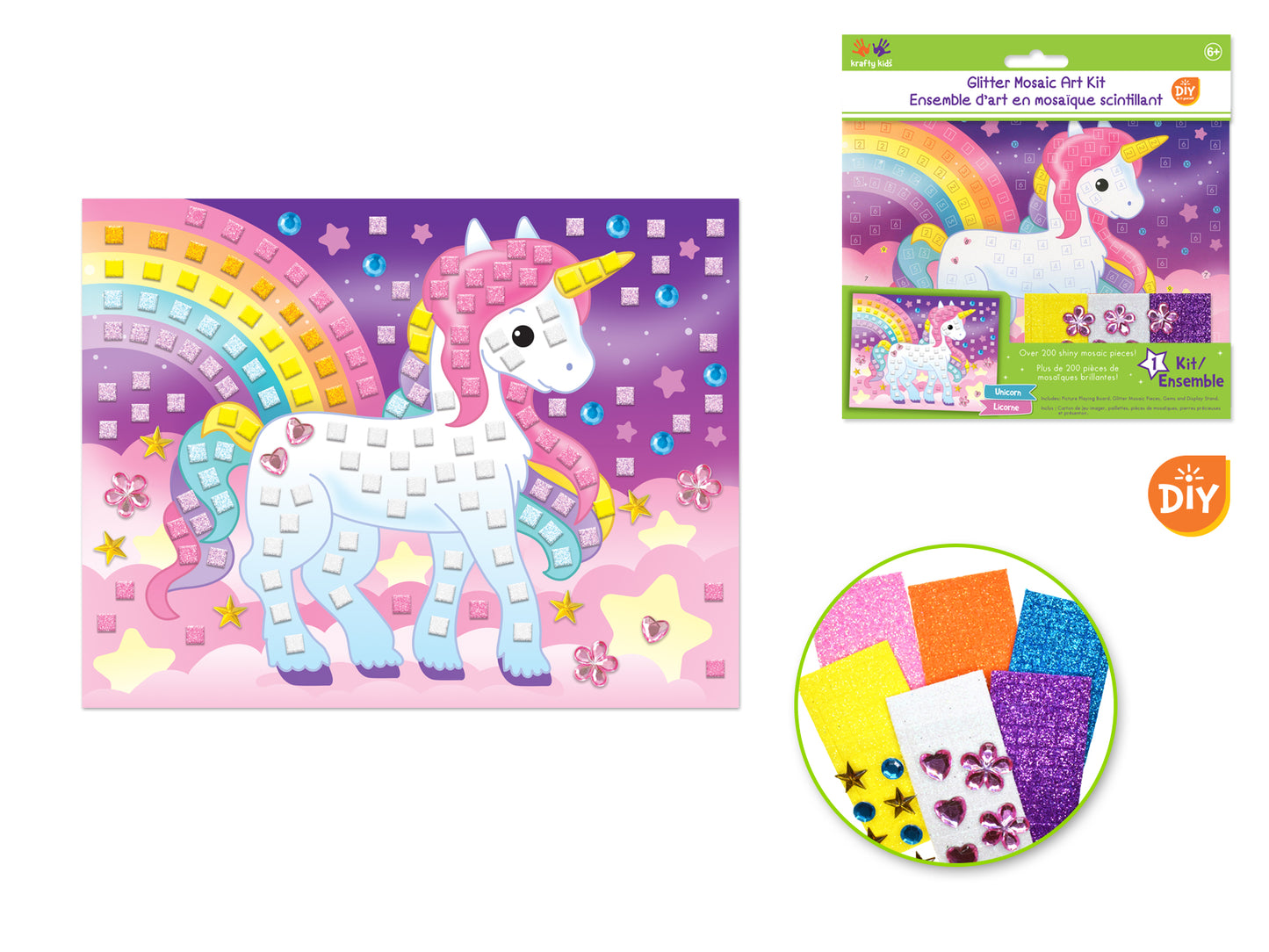 Krafty Kids Kit: DIY Glitter Mosaic Art Kit w/Gems A) Unicorn