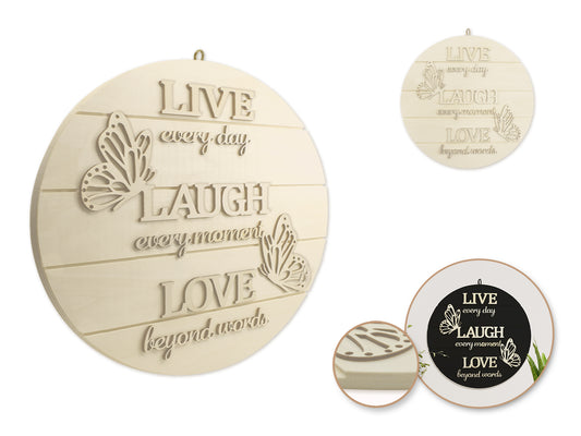 Wood Decor: 14" DIY Round Slat-Wall Sign Plaque 3D w/Jute Hanger D) Live Every Moment