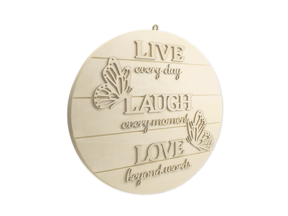 Wood Decor: 14" DIY Round Slat-Wall Sign Plaque 3D w/Jute Hanger D) Live Every Moment