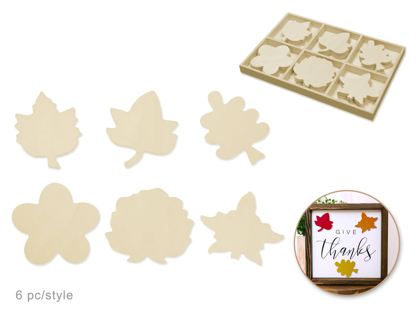 Wood Craft: 8cm Wood Shapes x36 in Display Box (6eax6stl) C) Foliage