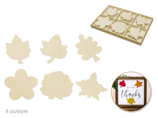 Wood Craft: 8cm Wood Shapes x36 in Display Box (6eax6stl) C) Foliage