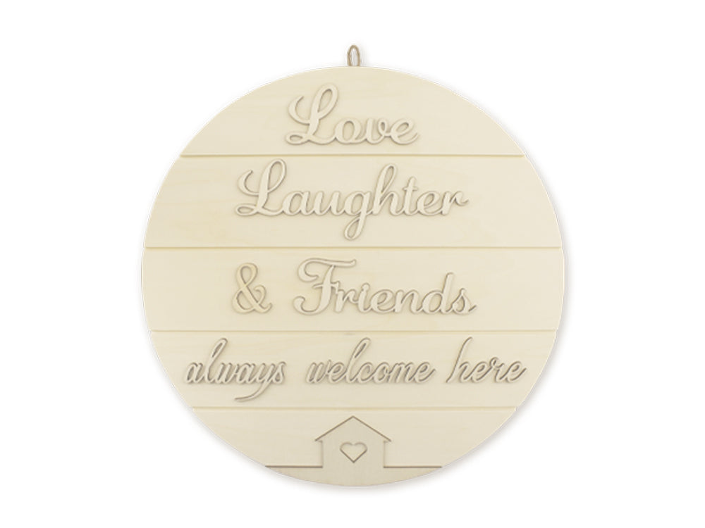 Wood Decor: 14" DIY Round Slat-Wall Sign Plaque 3D w/Jute Hanger B) Love, Laughter, & Friends