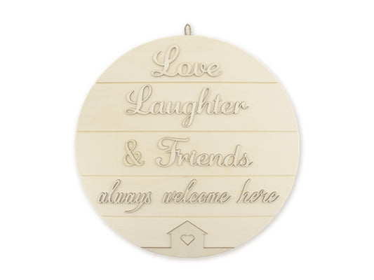 Wood Decor: 14" DIY Round Slat-Wall Sign Plaque 3D w/Jute Hanger B) Love, Laughter, & Friends