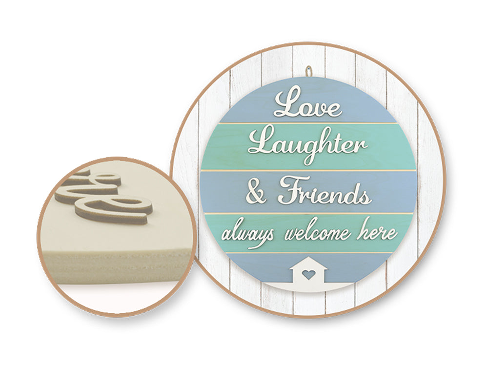 Wood Decor: 14" DIY Round Slat-Wall Sign Plaque 3D w/Jute Hanger B) Love, Laughter, & Friends